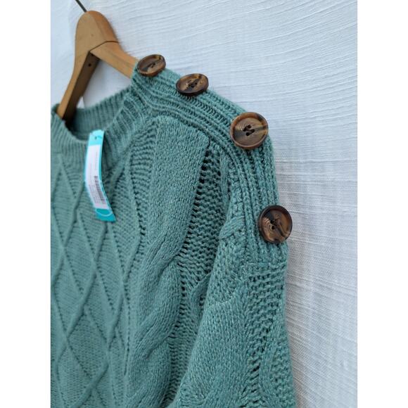 Pink Clover Women's Antalya Button Detail Cable Knit Sweater Sz M Teal Green - Picture 2 of 10